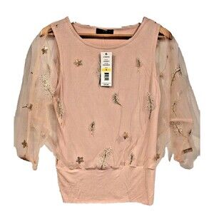Joseph A. Rose Smoke Embellished Top Sheer Bishop‎ Sleeve Blouse